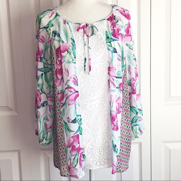 Zac & Rachel Boho Floral Crochet Lace Peasant Blouse Large - Picture 1 of 14